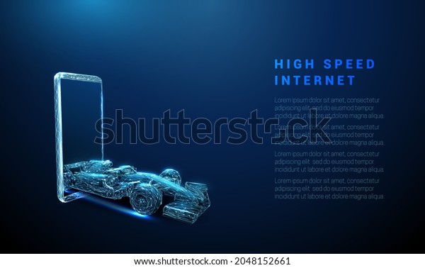 Abstract blue mobile phone and race car\
moving from smart phone. Low poly style design. Geometric\
background Wireframe light connection structure. Modern 3d graphic\
concept. Vector\
illustration.