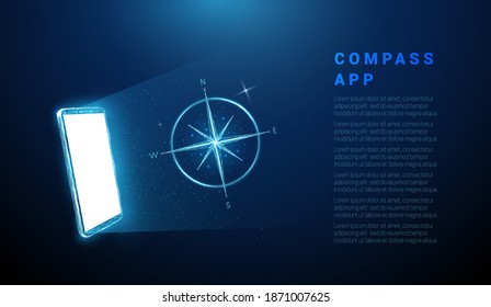 Abstract blue mobile phone with white screen and compass. Low poly style design. Geometric background Wireframe light connection structure Modern 3d graphic concept Isolated vector illustration