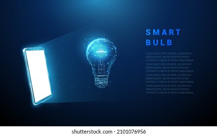 Abstract blue mobile phone, white screen, hologram light bulb. Low poly style design. Geometric background Wireframe light connection structure Modern 3d graphic concept. Isolated vector illustration.