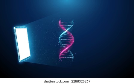 Teléfono móvil azul abstracto, pantalla blanca, hélice de molécula de ADN 3d. Diseño de bajo estilo polaco. Fondo geométrico Estructura de conexión de la luz de la estructura del alambre Concepto gráfico 3d moderno. Ilustración vectorial.