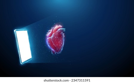 Abstract blue mobile phone, white screen and red human heart. Healthcare medical concept. Low poly style design. Geometric background Wireframe light connection structure Modern 3d graphic. Vector