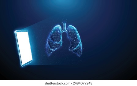 Abstractas teléfono móvil azul, pantalla blanca y pulmones humanos. Telemedicina, concepto médico sanitario. Estilo digital de tecnología futurista de bajo poli. Fondo geométrico Wireframe estructura ligera Vector.