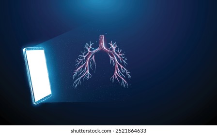 Teléfono móvil azul Abstractas, pantalla blanca y árbol bronquial Telemedicina, concepto médico de la salud Estilo digital de tecnología futurista de baja poli. Fondo geométrico Estructura de luz de alambre Vector