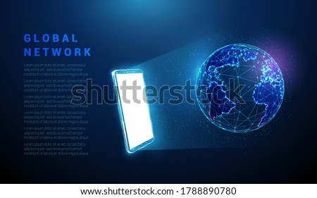 Abstract blue mobile phone, white screen, hologram planet earth. Low poly style design. Geometric background Wireframe light connection structure Modern 3d graphic concept Isolated vector illustration