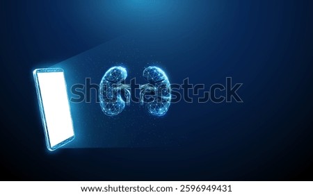 Abstract blue mobile phone, white screen and bronchial tree Telemedicine, healthcare medical concept Low poly futuristic technology digital style. Geometric background Wireframe light structure Vector