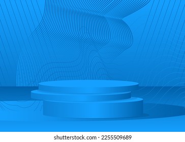 Abstract Blue Mockup product display. Realistic vector 3D room, cylinder pedestal podium. Stage showcase for presentation. Futuristic Sci-fi minimal geometric forms, empty scene.