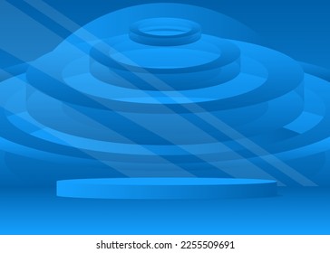 Abstract Blue Mockup product display. Realistic vector 3D room, cylinder pedestal podium. Stage showcase for presentation. Futuristic Sci-fi minimal geometric forms, empty scene.