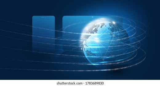 Abstract Blue Modern Minimal Style Cloud Computing, Networks, Telecommunications Concept Design with Polygonal Mesh, Glowing Lines of Binary Code Data Around Earth Globe - Vector Illustration