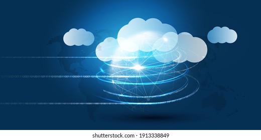 Abstract Blue Modern Style Cloud Computing, Networks, Telecommunications Concept Design with Polygonal Mesh, Glowing Lines of Binary Code Around a Transparent Globe - Vector Illustration