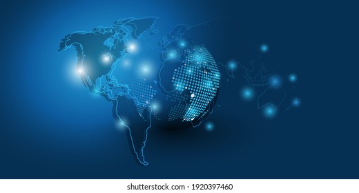 Abstract Blue Modern Style Cloud Computing, Networks Structure, Telecommunications Concept Design, Network Nodes, Earth Globe And World Map - Background Template - Creative Vector Illustration