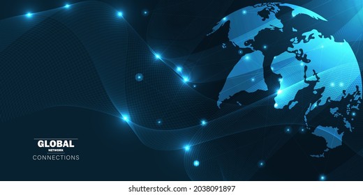 Abstract Blue Modern Style Cloud Computing, 3D Networks Structure, Telecommunications Concept Design - Network Connections, Transparent Wavy Geometric Mesh, Vector Illustration