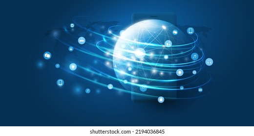Abstract Blue Modern Style Cloud Computing, Networks, Global Telecommunications and IoT Concept Design, Network Connections Around a Polygonal  Globe and a Smart Phone - Creative Vector Illustration