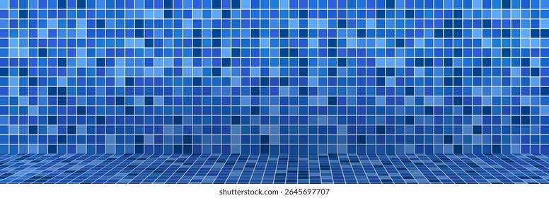 Abstract blue mosaic tiled wall and floor, perfect for swimming pool, spa, or bathroom design concepts. Clean and geometric pattern.