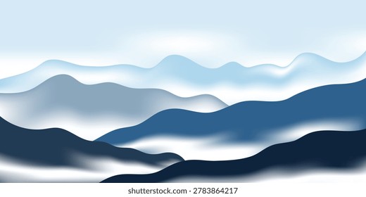 Abstract blue mountain landscape with white mist. Minimalist wavy layers of hills in shades of blue.Cloudy mountains.  Monochromatic mountain range background vector illustration. Soft fluid waves resembling misty mountains digital art. Modern blue and white wavy background for banner.