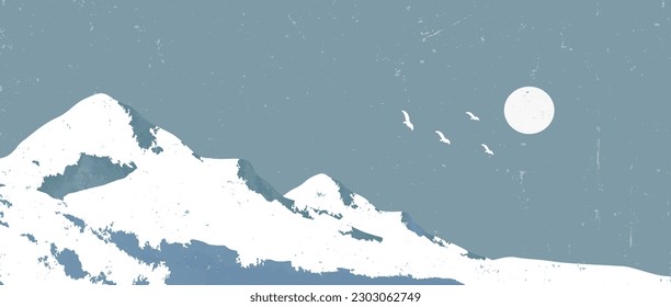 Abstract blue mountain landscapes illustration. Mid century modern minimalist art print. Abstract contemporary aesthetic backgrounds landscapes