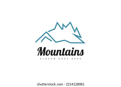 Abstract Blue Mountain Logo Design with Outline Style. Mountain Hill Vector Illustration. Suitable for Resort, Camp and Tourism Industry Logo