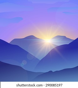Abstract blue mountains landscape with lens flare nature background. Vector illustration