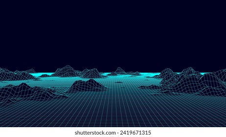 Resumen de las montañas azules en el fondo. Mapa topográfico 3D del planeta Tierra. El paisaje de la rejilla vectorial con líneas y puntos. Red de ciberperspectiva del terreno de la ola. Concepto topográfico digital.