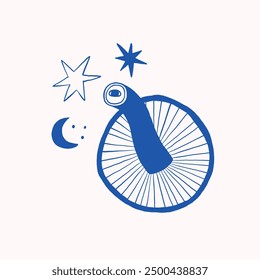 Abstract blue mushroom drawing with stars and moon, minimalist and whimsical design, perfect for artistic and creative purposes