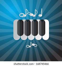 Abstract Blue Music Background with Piano Keyboard and Paper Notes