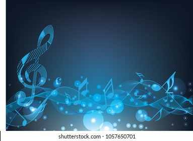 Abstract blue music notes on line wave background. Black G-clef and music notes isolated vector illustration Can be adapt to Brochure, Annual Report, Magazine, Poster, Corporate Presentation.