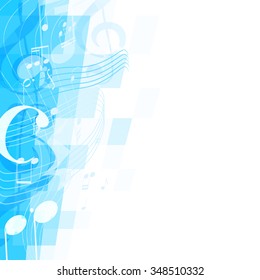 abstract blue musical background with key and notes, musical signs. vector