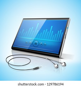 Resumen de fondo de volumen musical azul, banner, afiche o volante con pantalla de auriculares y tableta.