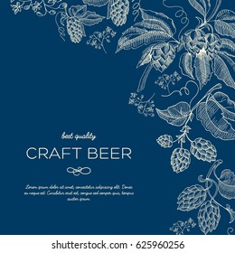 Abstract blue natural background with text and beer organic herbal hop twigs in engraving style vector illustration
