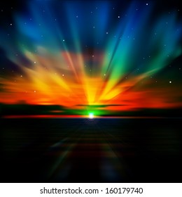 abstract blue nature background with clouds stars and sea sunrise