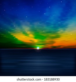 abstract blue nature background with clouds and green sea sunrise