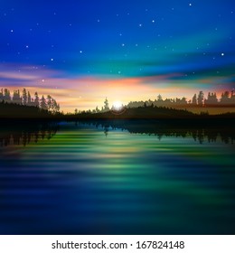 abstract blue nature background with forest lake and sunrise