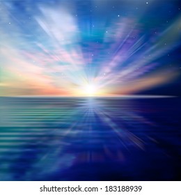 abstract blue nature background with ocean sunrise clouds and stars
