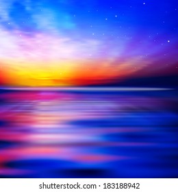 abstract blue nature background with ocean sunset clouds and stars