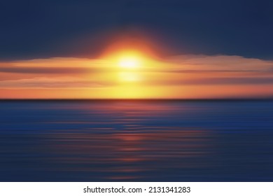 Abstract blue nature background with sea red sunset and clouds. Realistic vector