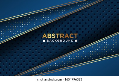 Abstract blue navy luxury overlap dark background with circle texture and glowing golden glitter effect eps10 vector