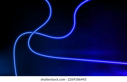 Abstract blue neon background with wave line glowing in the dark. Panoramic shine backdrop. 3d render. Lights rectangular lines, luminous rays. Modern wavy geometric shape. Vector illustration.