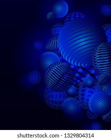  Abstract Blue Neon Balls Of Various Shapes. Dark Background With Big Free Space For Your Advertising Or Your Message.  Concept Of The Underwater World, The Depths Of The Sea And Ocean