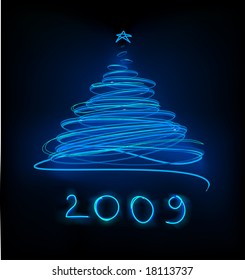 Abstract Blue Neon Christmas tree on the black background.  Vector illustration.