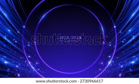 Abstract blue neon circle vector background. Futuristic purple glowing round frame with sparkles. Magic light tunnel portal and motion speed lines