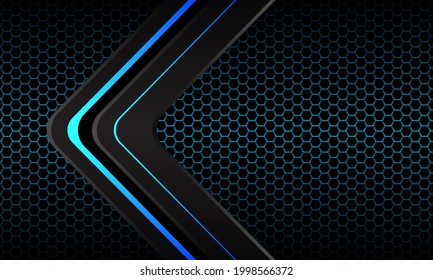 Abstract blue neon grey arrow shadow direction on hexagon mesh pattern with blank space design modern futuristic technology background vector illustration.