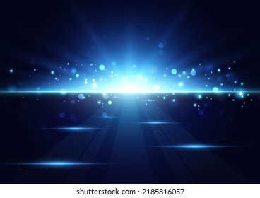 Abstract blue neon light rays with dots and sparks effect, vector illustration.