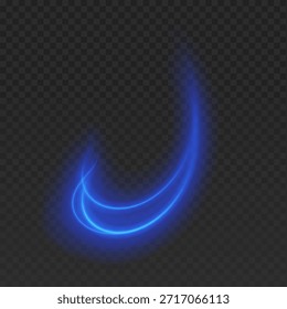 Abstract blue neon light trail with motion blur effect on transparent background