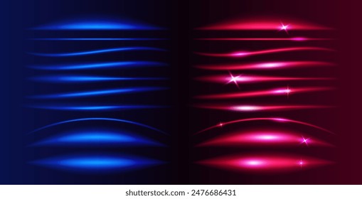 Abstract Blue and Neon Linear Decor Items in Retro Wave Style. Set of flares and highlights. Vector clip art for your night party design.