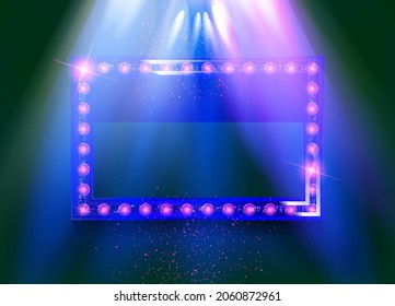 Abstract blue neon ring. Light effect. The whirlwind of shiny particles. Flashes of light on the Emerald rectangular. Empty space for text.Vector object