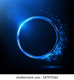 Abstract Blue Neon Ring. Light Effect. The Whirlwind Of Shiny Particles. Flashes Of Light On The Emerald Circle. Empty Space For Text.Vector Object.