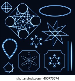 Abstract blue neon shape, futuristic wavy fractal of star and circle. Vector square and other different decorative elements. Cool geometric illustration