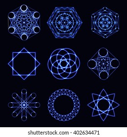 Abstract blue neon shape, futuristic wavy fractal of star and circle. Vector square and other different decorative elements. Cool geometric illustration