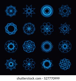 Abstract blue neon shape, futuristic wavy fractal of star and circle. Vector square and other different decorative elements. Cool geometric illustration