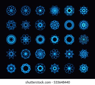 Abstract blue neon shape, futuristic wavy fractals of star and huge circle collection. Vector square and other different decorative elements. Cool geometric illustration