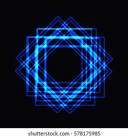 Abstract blue neon shape, futuristic wavy fractal of star and circle sign. Vector square or decorative element. Cool geometric illustration